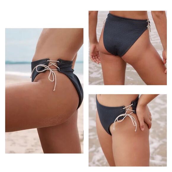 Ziah Goulue High Rise Side Tie Detail Gray White Pinstripe Bikini Bottom Size 12 - Picture 1 of 10